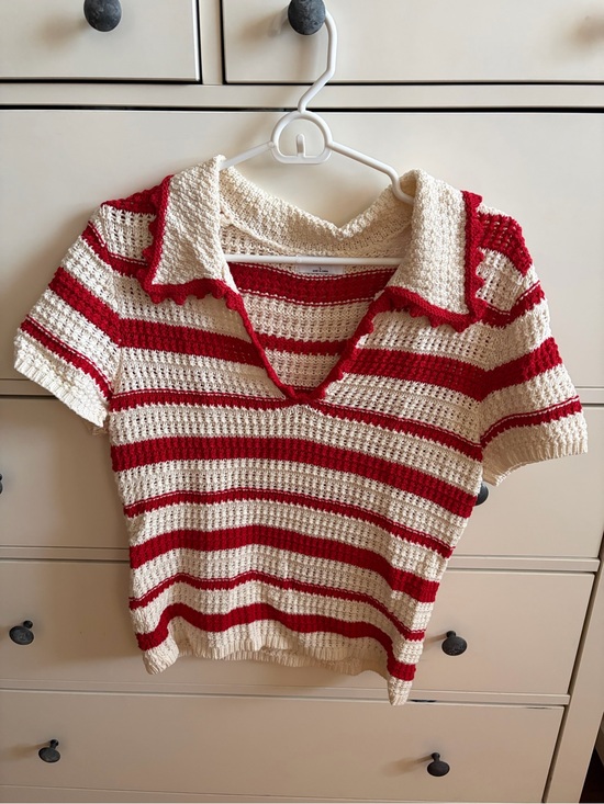 The Workshop Tops - The Workshop Crochet Stripe Polo Sweater - Red & Cream 100% cotton size L